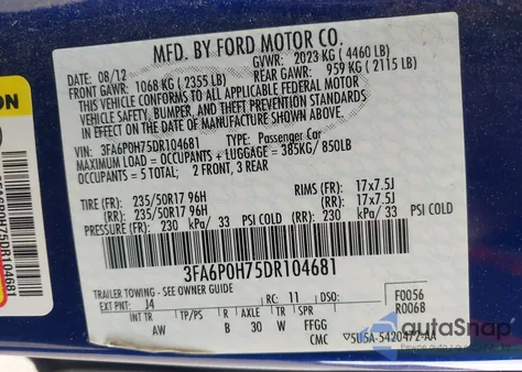 2013 Ford Fusion Se z USA, uszkodzony, nr VIN 3FA6P0H75DR104681